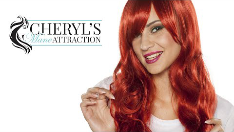 Model wearing bright red hair wig.