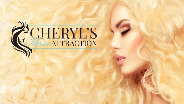 Women modeling blonde lace wig with Cheryl's Mane Attraction logo.