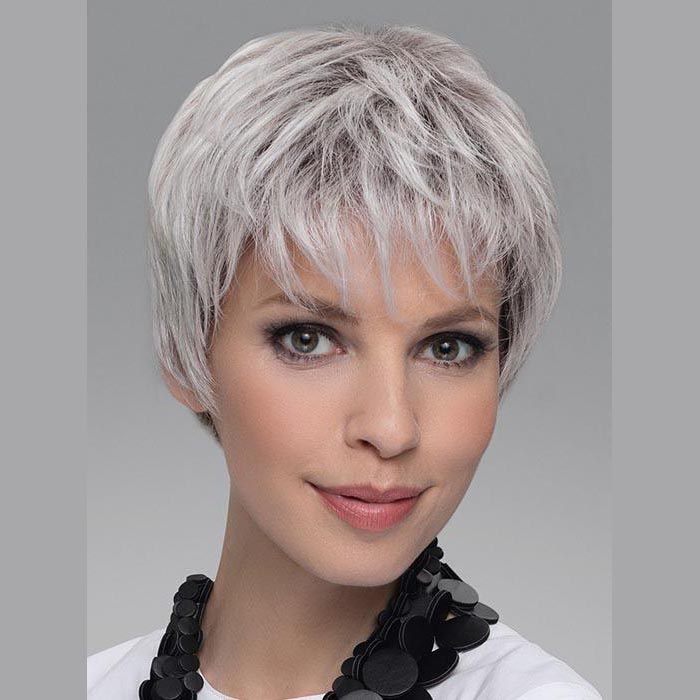 Women modeling light grey wig